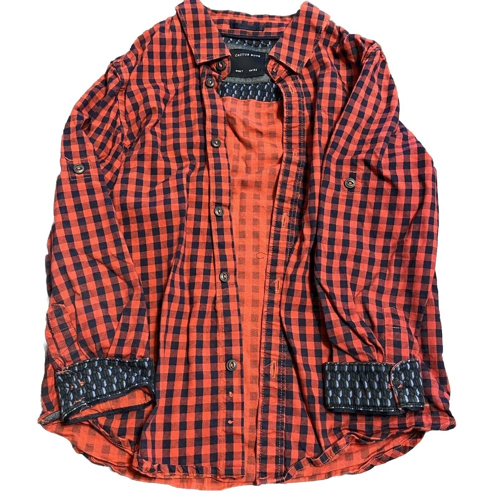 Cactus Boys Button Up Shirt Boys Size 7 Longsleeve Pockets Plaid Red Country D1